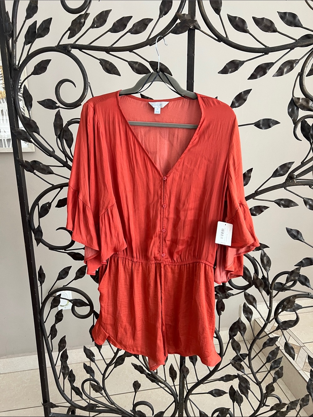 Dark Orange V-Neck Flutter Sleeve Romper